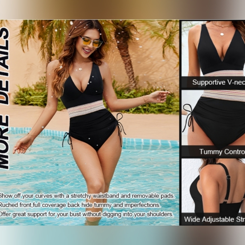 NWT! Blooming Jelly Womens Large black with colorful band one piece bathing suit - Picture 7 of 8